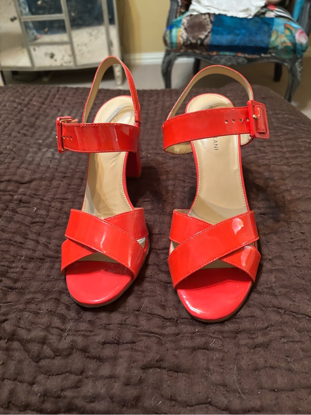 ANTONIO MELANI Coral-Red Patent Block Heel Sandals
